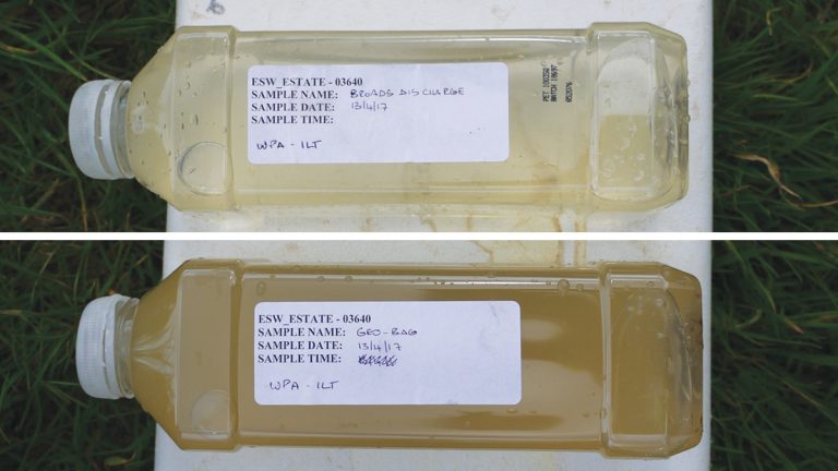 Difference in water quality between discharging from the Geobag (bottom) and re-entering the broad (top) - Courtesy of Stantec