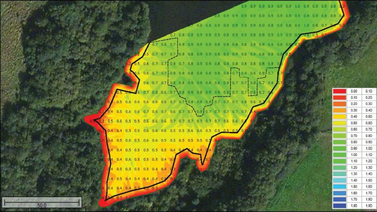 Before dredging, orange and yellow indicating location of sediment - Courtesy of Ponds UK Aquatic Management