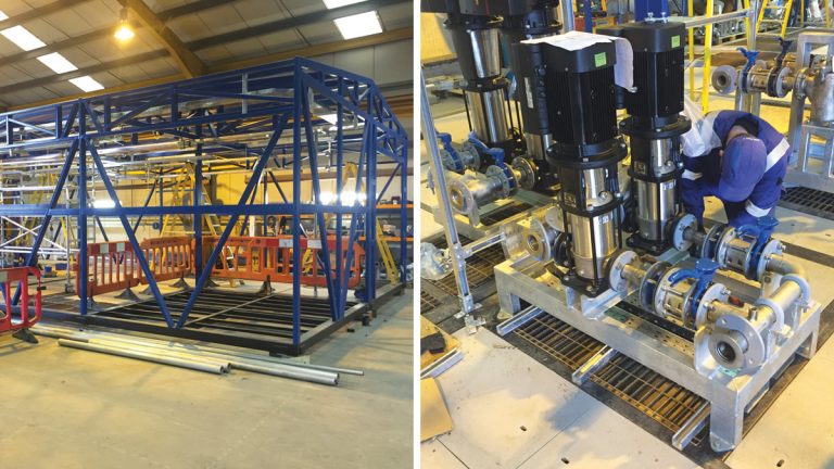 Early stages: (left) TTU frame prefabrication and pump skid installation and (right) pump skid installation - Courtesy of Ross-shire Engineering 
