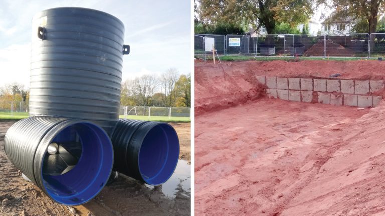 (left) Polypipe prefabricated chambers and (right) temporary gabion retaining wall to allow tank installation - Courtesy of nmcn PLC
