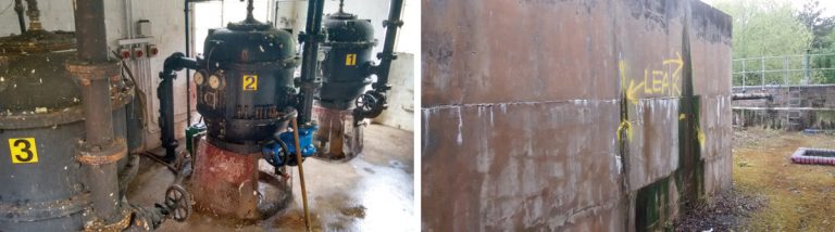 (left) Obsolete inlet pumps at Pebworth STW and (right) PST in poor condition at Pebworth STW - Courtesy of NMCNomenca (now Galliford Try)