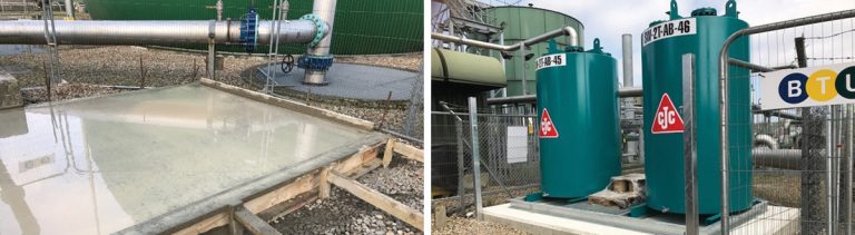 (left) Concrete base construction and (right) carbon filter installation - Courtesy of BTU