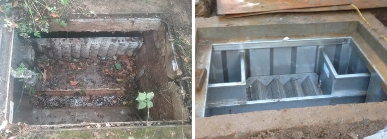(left) Original Mill Creek vertical bar screen and (right) The Mill Creek pre-fabricated chamber in situ - Courtesy of SWW Delivery Alliance H5O