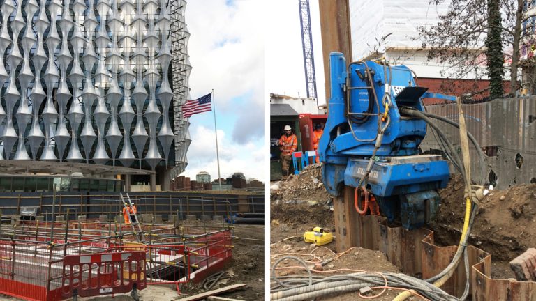 (left) Main PS awaiting cover installation and (right) Silent piling rig used for the main shaft - Courtesy of eight2O