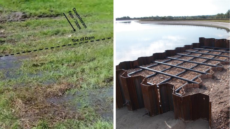 (left) Leakage at toe and (right) new jetty in construction - Courtesy of eight2O