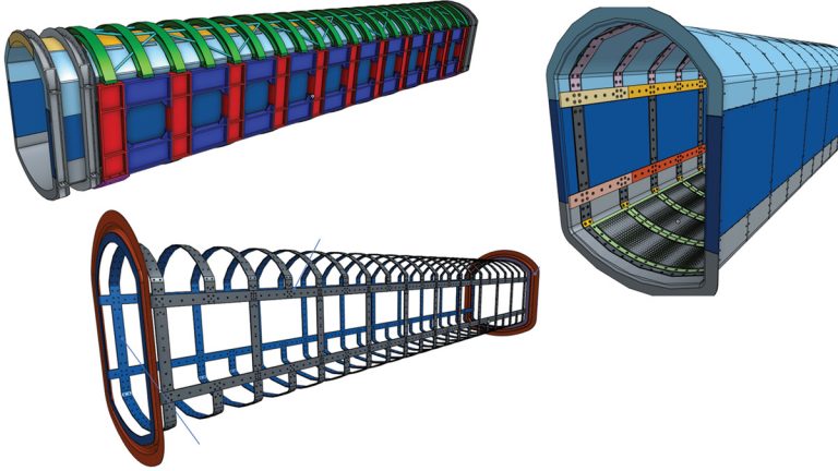 (top left) Duplex steel Vierendeel truss (bottom left left) inner cage and (right) liner assembly - Courtesy of eight2O, SMB-JV