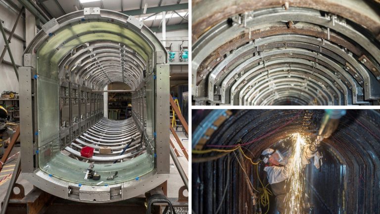 (Left and top right) Arches pinned to the roof (main works) and (bottom right) cutting out PFC ribs - Courtesy of eight2O, SMB-JV