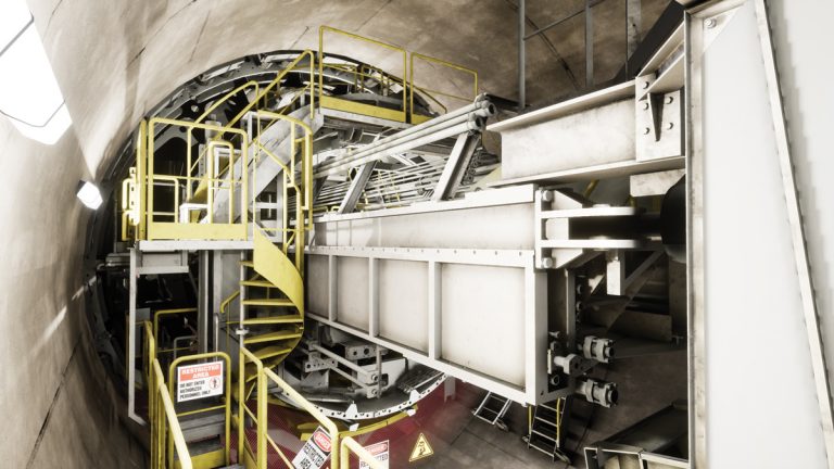 Visualisation from the virtual reality model of the TBM, showing working conditions within the main tunnel - Courtesy of Hobs 3D