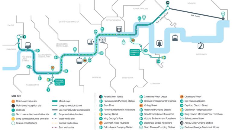 Thames Tideway Tunnel Route - West, Central & East Sections