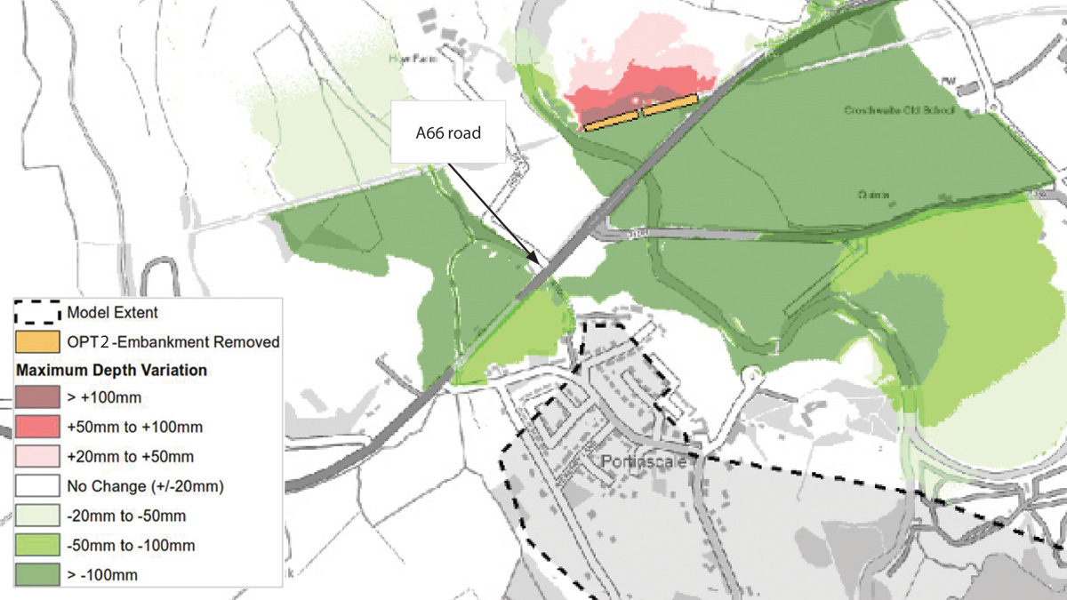 Screenshot of depth difference mapping showing two disused railway embankment removal options and the potential impact on flood depth when compared to the existing model results, flood depth at A66 shown to decrease. Location 1 - Courtesy of Waterco