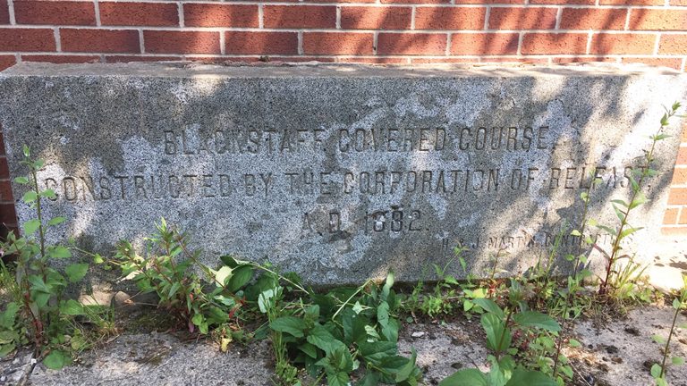 Stone erected to mark the completion of the Blackstaff River culverts in 1882 - Courtesy of Dawson WAM