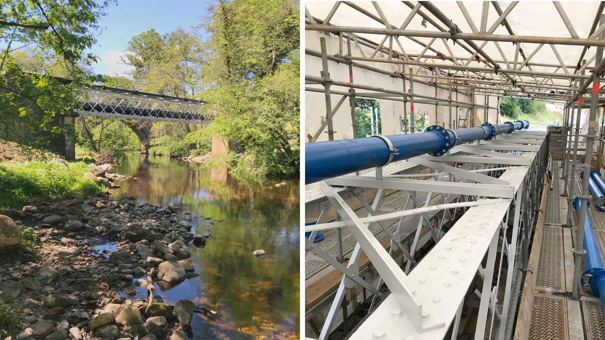 (left) View from north showing completed pipe bridge and Balder Bridge and (right) work progressing within the encapsulated structure - Courtesy of Northumbrian Water