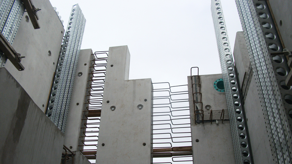 PCC wall panels for NSAF/DBF structure showing stitch joint reinforcement and shutter system - Courtesy MMB