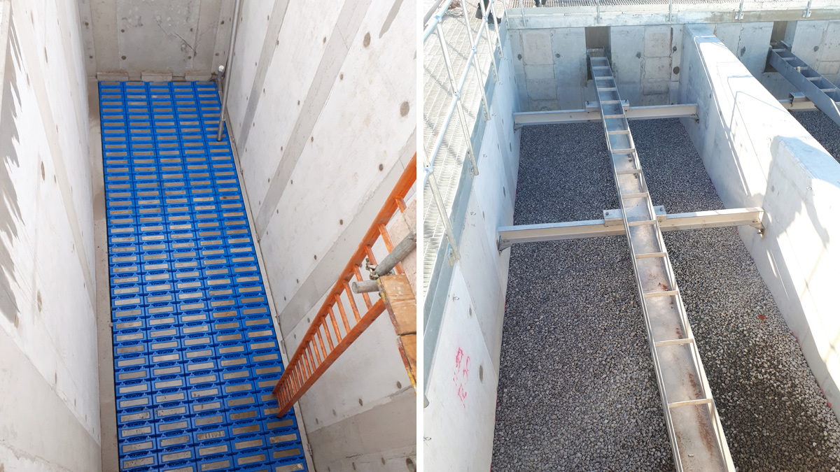 (left) NSAF filter cell floor: Combined flow/backwash distribution system and (right) media in the NSAF cell: Combined inlet/backwash launder channel - Courtesy of MMB
