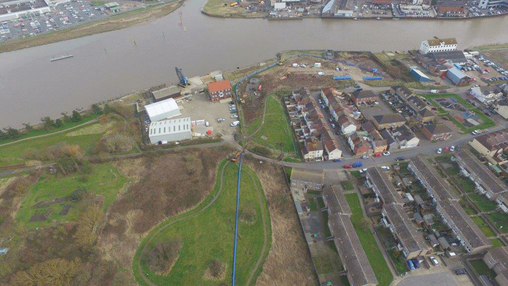 Aerial view of the pipeline drilling operation - Courtesy of Northumbrian Water Limited