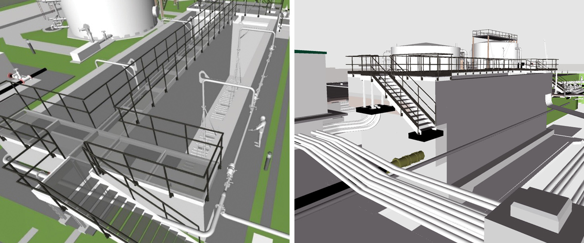 (left) Aeration lane 3D model with Suprafilt aeration system and (right) view of Aeration Lanes in BIM360 Glue - Courtesy of ESD