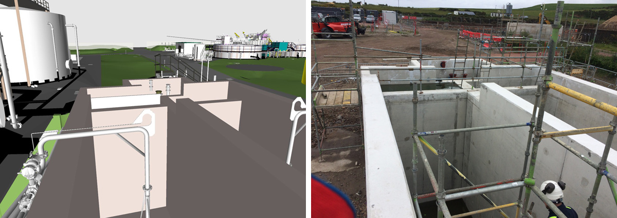 (left) View of aeration lanes in BIM360 Glue and (right) view of aeration lanes under construction - Courtesy of ESD
