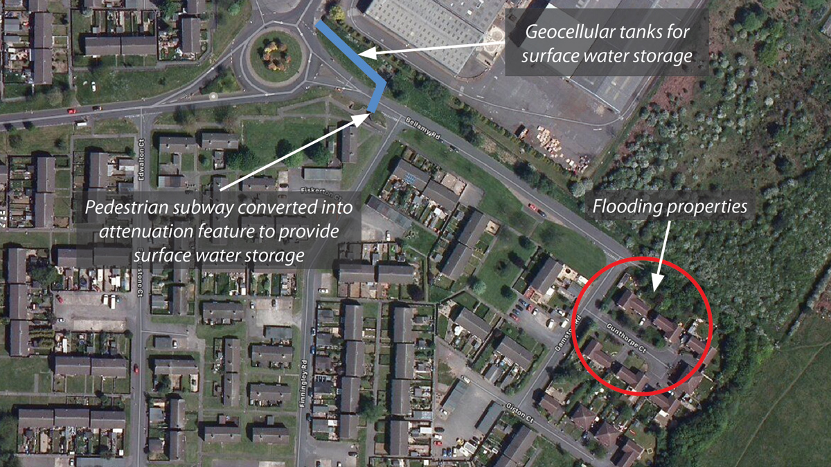 Location of storage to flooding area © Google - Courtesy of Galliford Try