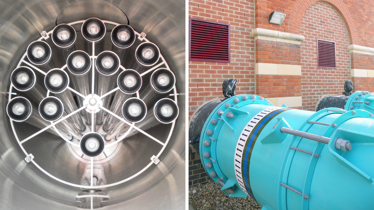 (left) UV lamp assembly in ATG reactor unit and (right) reinstated window openings - Courtesy of CiM6