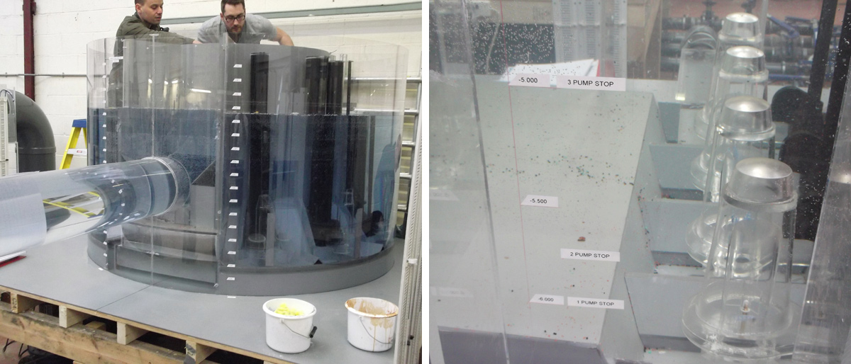 (left) Physical hydraulic modelling of storm sump and (right) physical hydraulic modelling of DWF sump - Courtesy of nmcn PLC