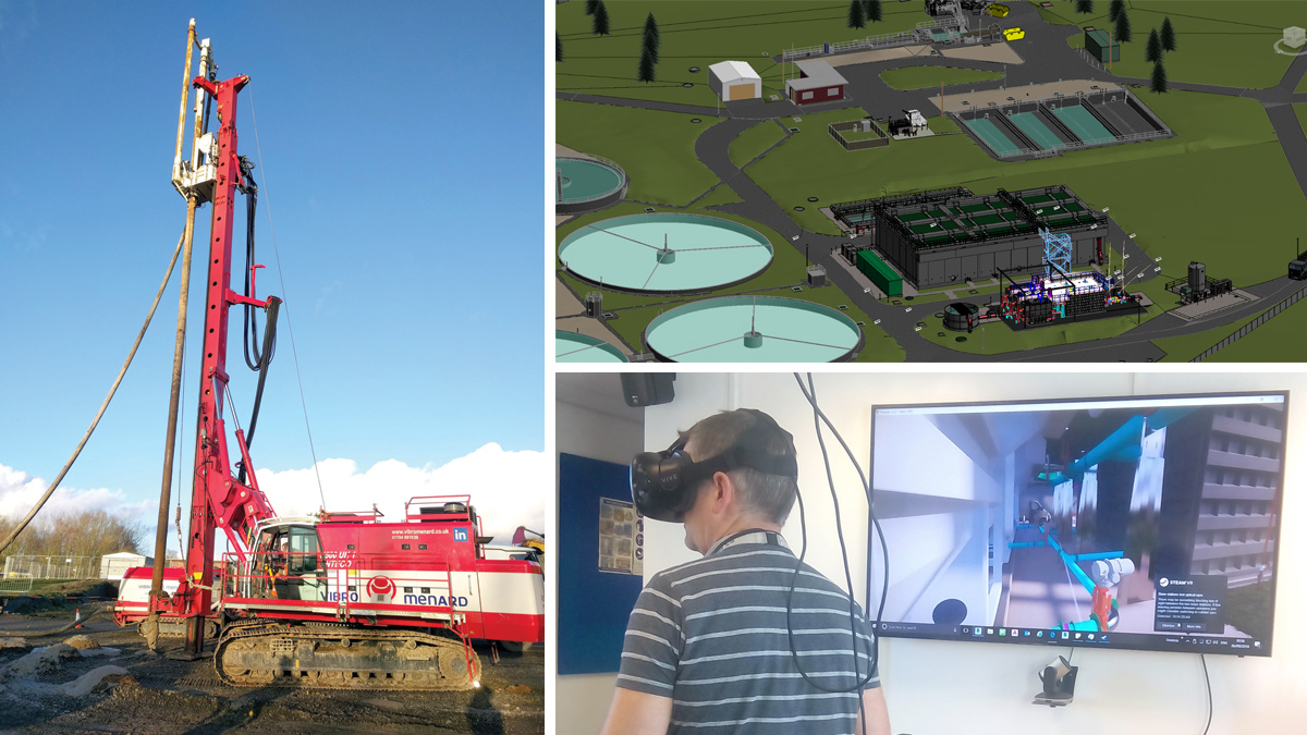 Innovations: (left) Vibro Menard controlled modulus columns (top right) BIM 3D model and (bottom right) use of virtual reality - Courtesy of MMB