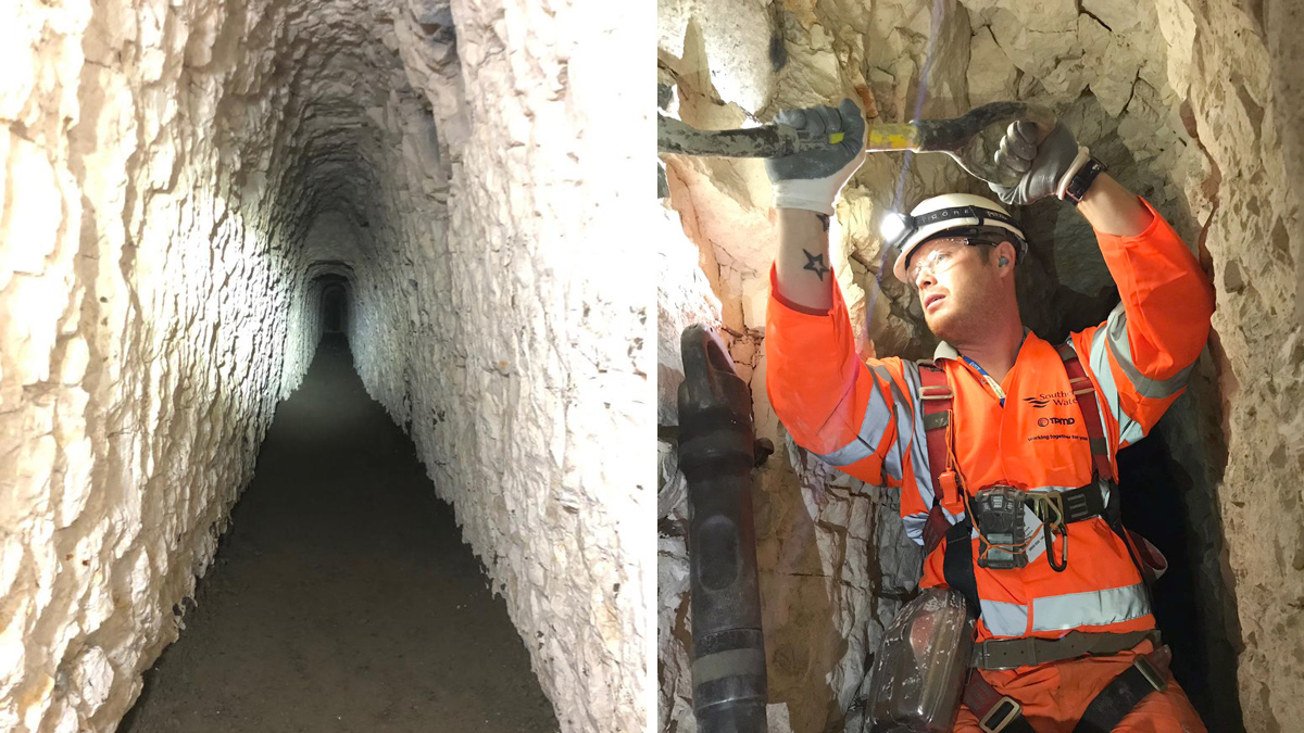 (left) Once the tunnels have been cleared and the sewer pipes repaired, a concrete floor is laid to protect the pipes and house the UV cured-in-place pipe (CIPP) liner and (right) miners work within the tunnels to make the necessary repairs and prepare them for lining - Courtesy of TPMD