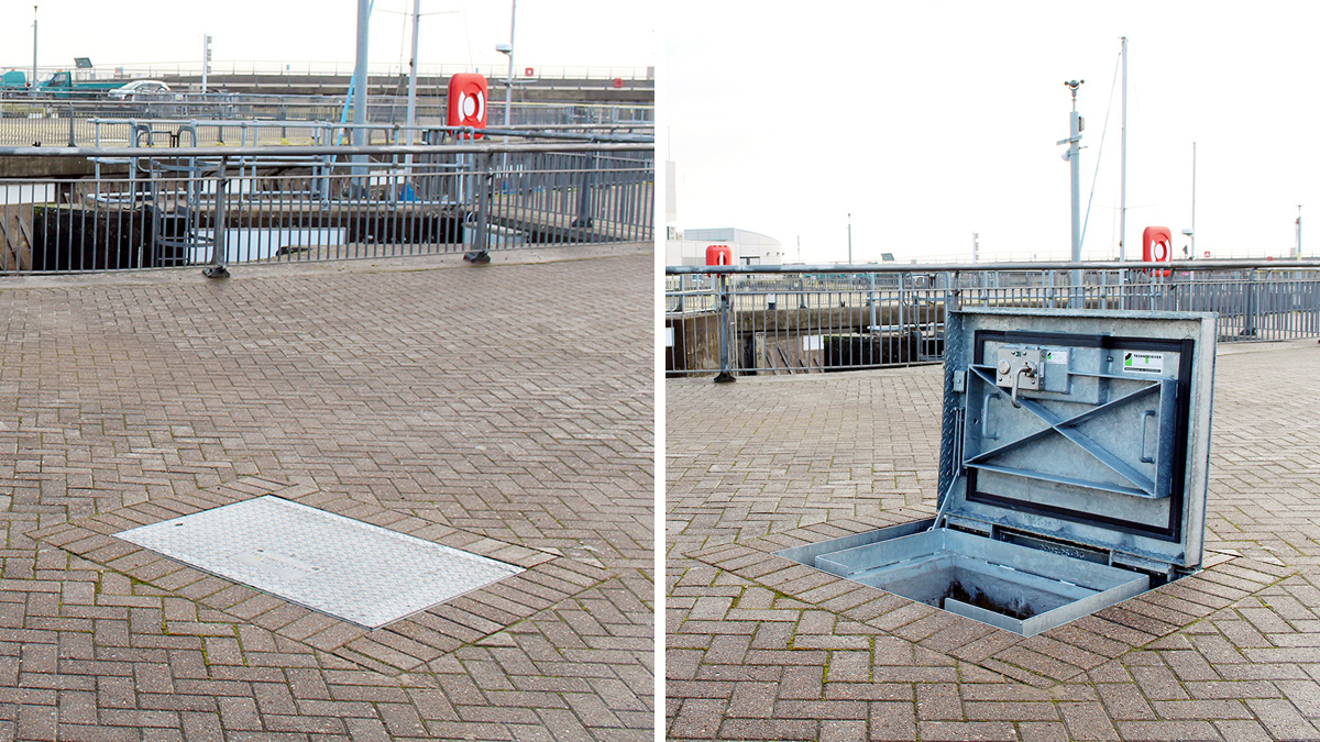 Chequer plate flush fitting emergency escape hatch cover shown in closed and open position. Please note that barriers are installed around open unit during normal operations