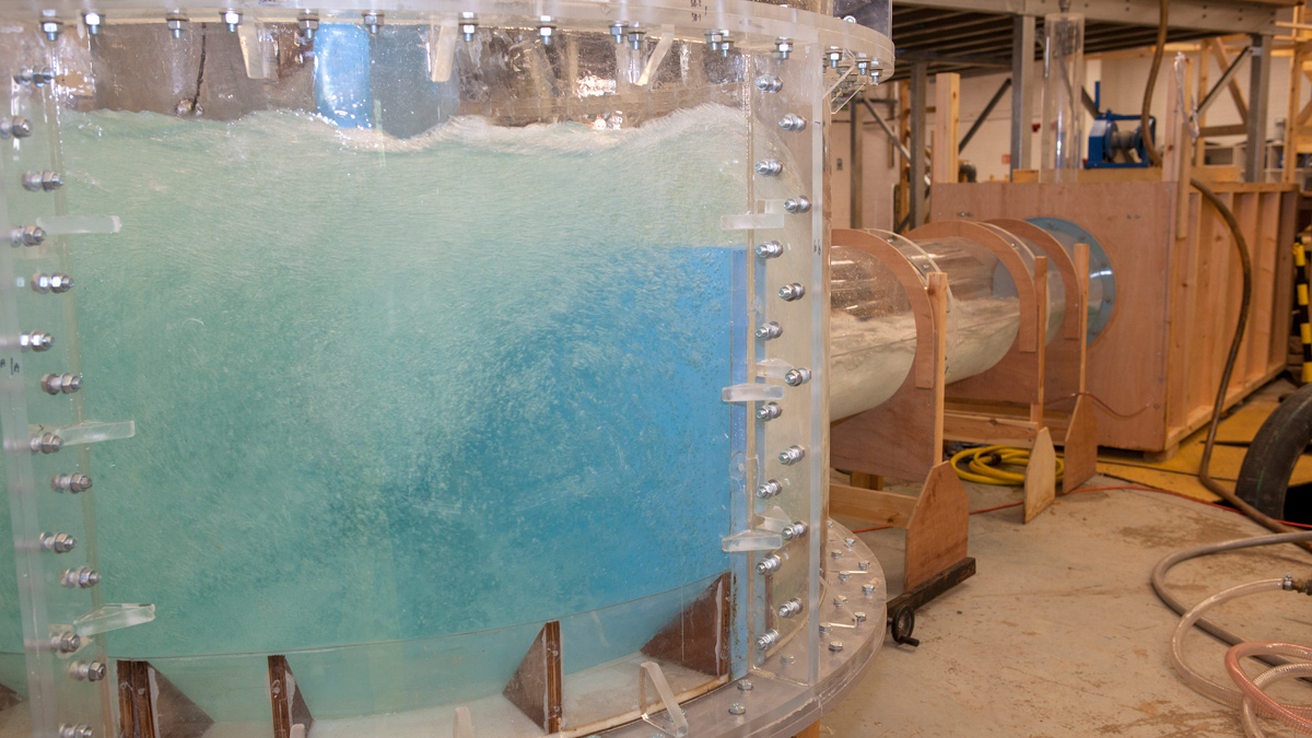 Physical model of Greenwich PS showing energy dissipation chamber and entrance to connection tunnel - Courtesy of Mott MacDonald and BHR Group