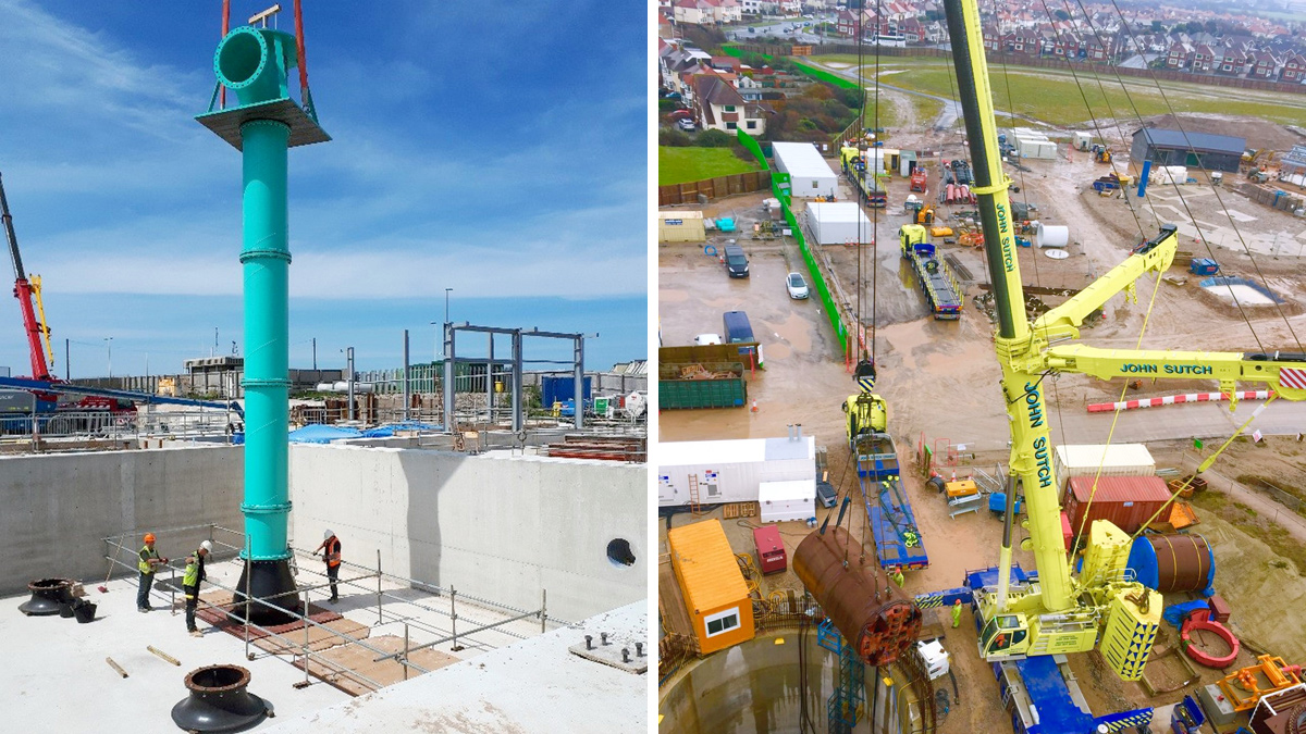 (left) Installation of suspended bowl pumps into the wet well and (right) Installation of TBM into launch pit which has now become the permanent pressure chamber - Courtesy of United Utilities