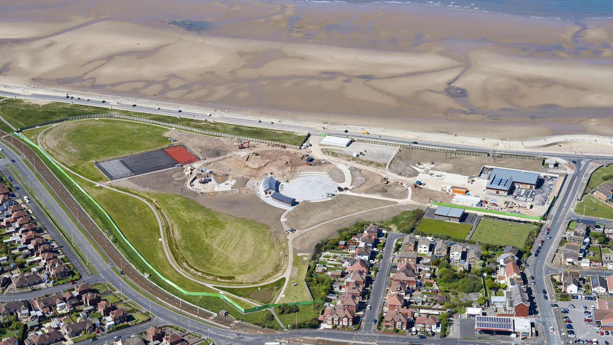 Anchorsholme Park development nearing completion with redeveloped park, new MUGA, new café, new bowling club, new amphitheatre, and new pumping station (May 2019) - Courtesy of United Utilities