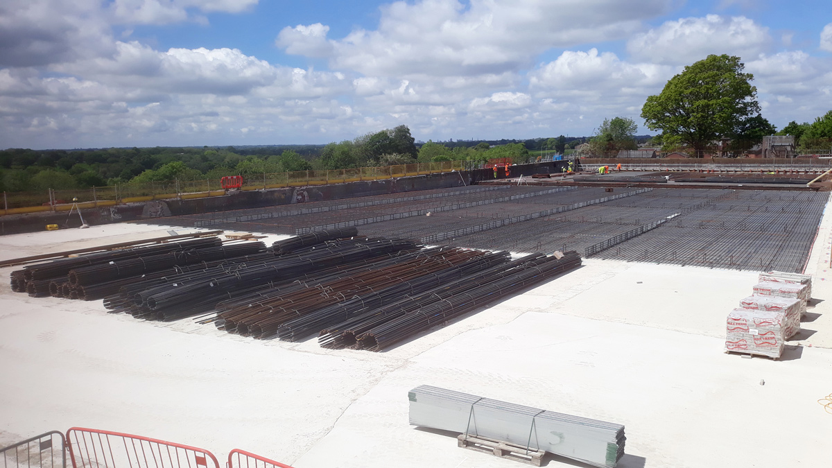 Nabs Head 20,000m3 tank build, base slab rebar lay utilising roll mat - Courtesy of United Utilities