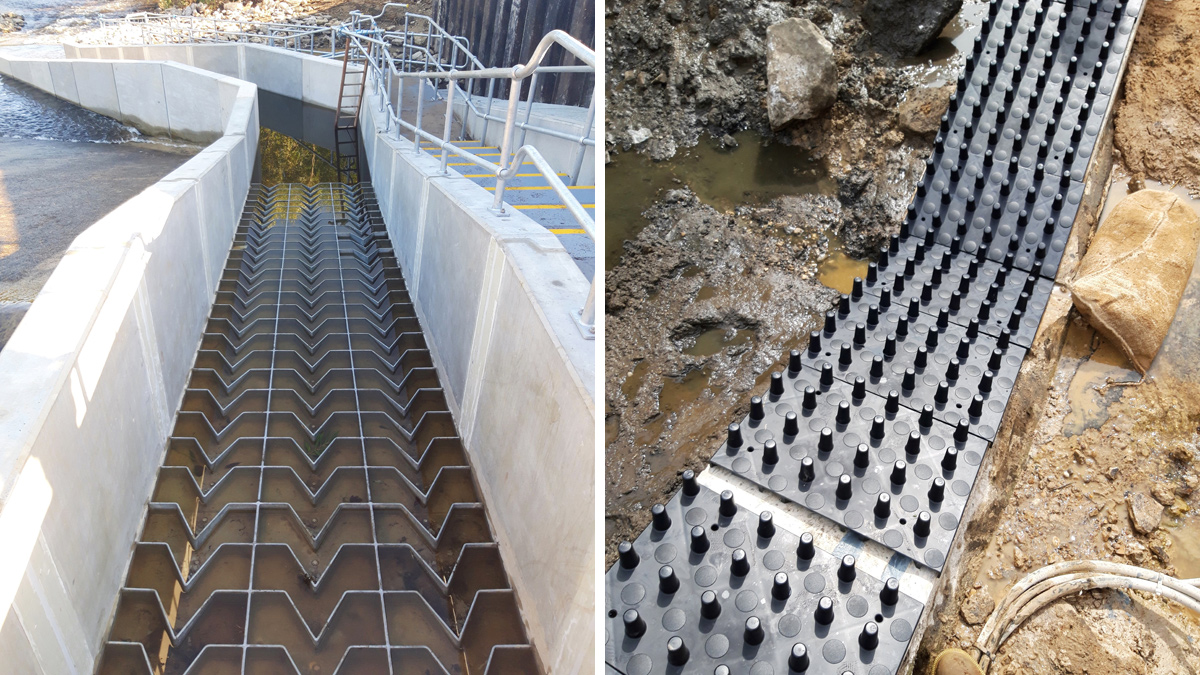 (left) Galvanised larinier baffle for coarse fish passage and (right) elver tiles install in separate channel - Courtesy of Ward and Burke