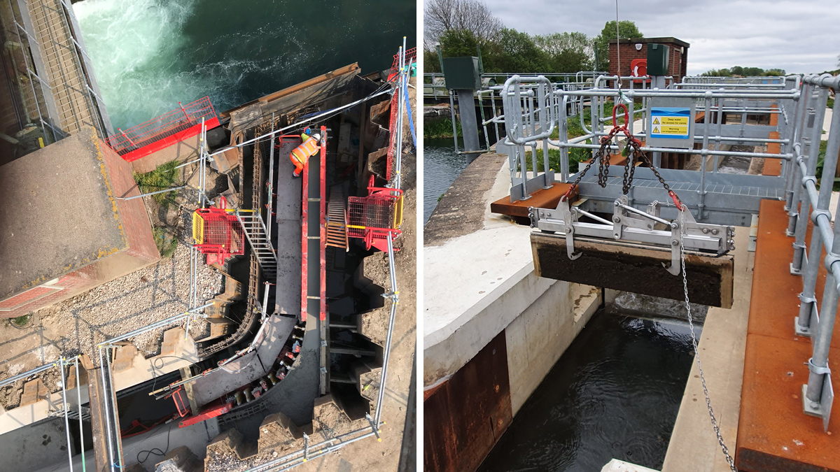 (left) Completion of the radial wall section and (right) stoplog removal - Courtesy of Ward & Burke