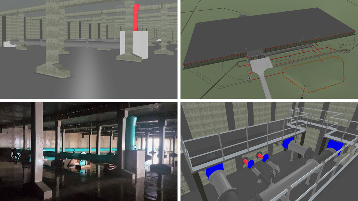 (top left) inlet pipework Revizto extract and (bottom left) construction photograph, (top right) extract of the reservoir structure from Revizto model and (bottom right) extract of the outlet valve house from the Revizto model - All images courtesy of MMB
