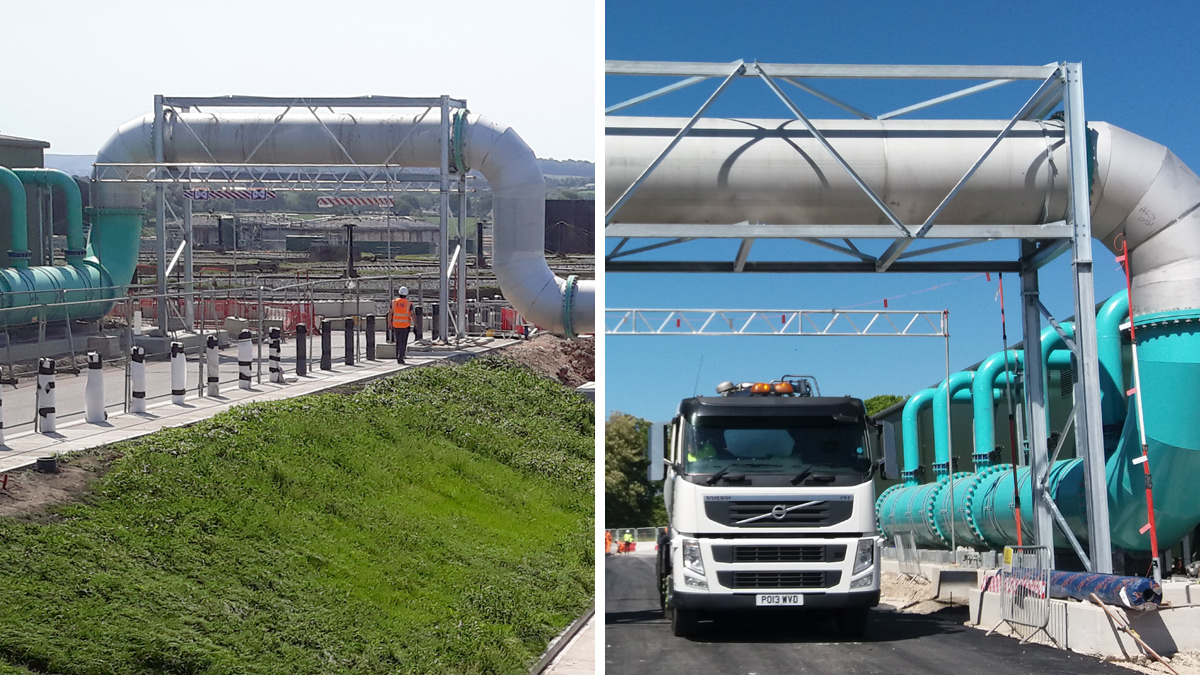 Pipe bridge between blower building and Nereda tank (May 2020) - Courtesy of United Utilities