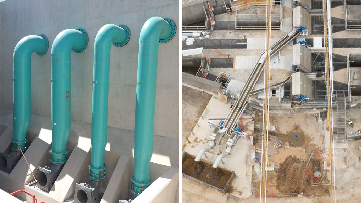 (left) Nabs Head Pumping station showing 4 (No.) submersible centrifugal pumps and (right) Nabs Head screenings works showing 4 (No.) screens, 2 (No.) Kuhn Washpresses with associated launders (area cleared ready for construction for of two additional Washpresses – Courtesy of United Utilities