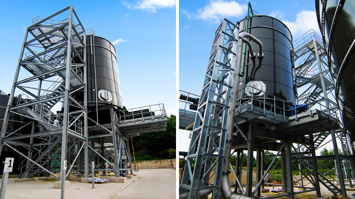 (left) Cake silo and discharge road and (right) cake silo north view - Courtesy of Galliford Try