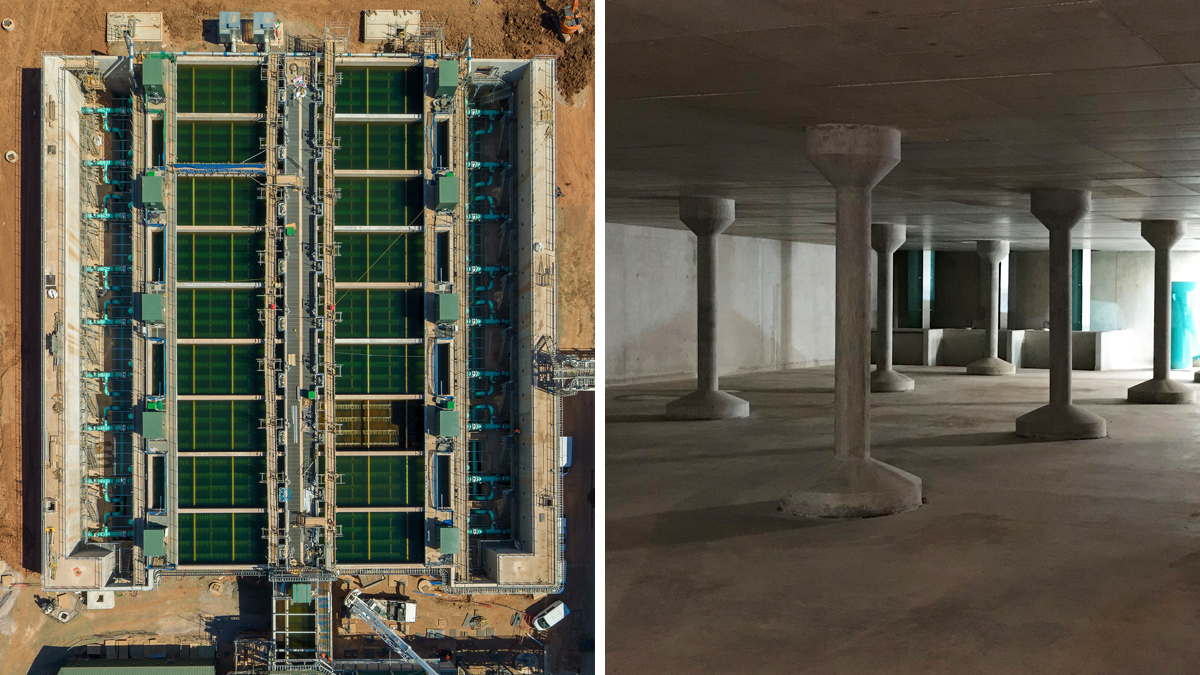 (left) Aerial photo of completed RGFs units in operation and (right) inside clean backwash water tank - Courtesy of Severn Trent
