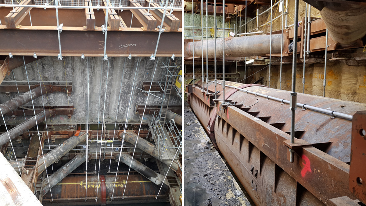 Flume supported by tie rods and bridge deck and (right) tie rods in position to tension - Courtesy of FLO JV