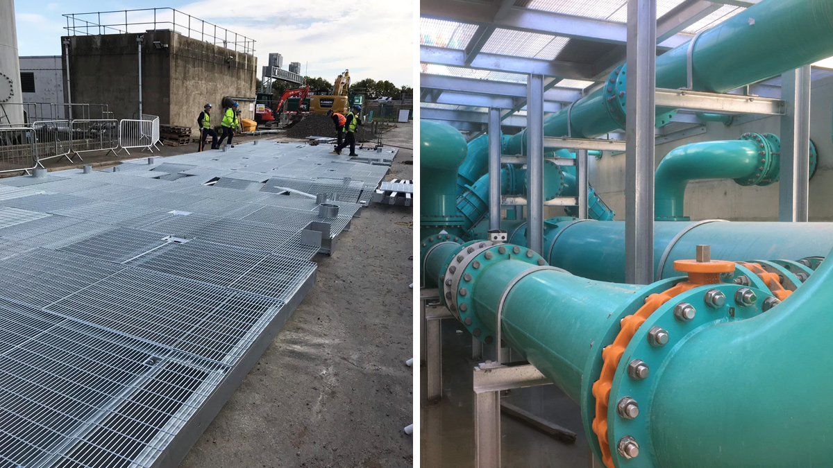 Mezzanine floor (left) preassembly and (right) pipe support - Courtesy of MWHT