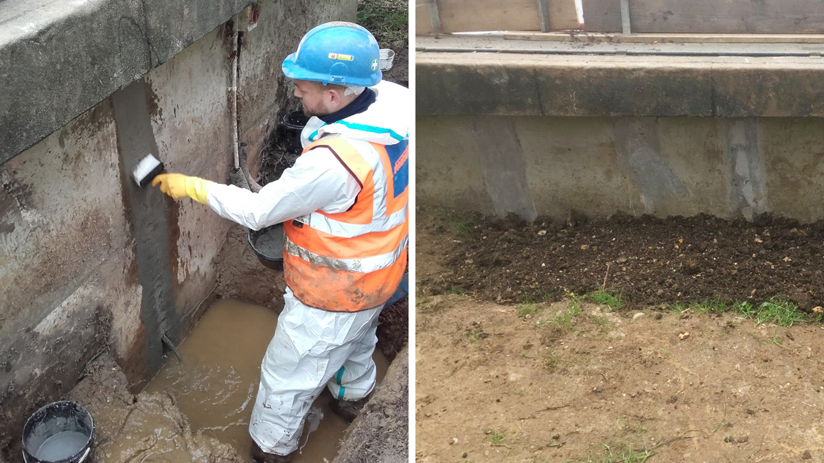 (left) Slurry coat applications of Xypex Concentrate - Courtesy of South East Water and (right) view of cracks repaired - Courtesy of Stonbury