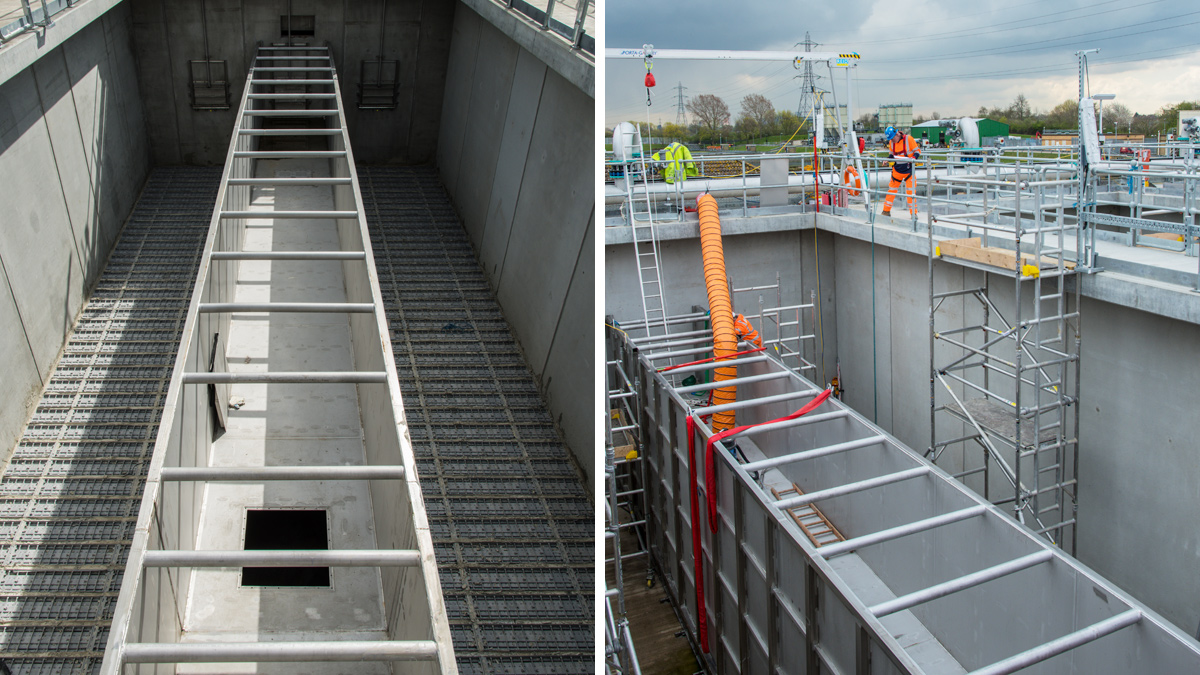 (left) precast H-Flume and Leopold floor installation and (right) H-Flume installation - Courtesy of MWHT on behalf of SMBJV