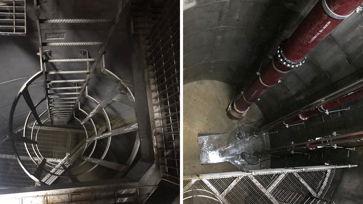 (left) Purser’s Cross wet well access ladder, and (right) Purser’s Cross wet well pumping station - Courtesy of Barhale