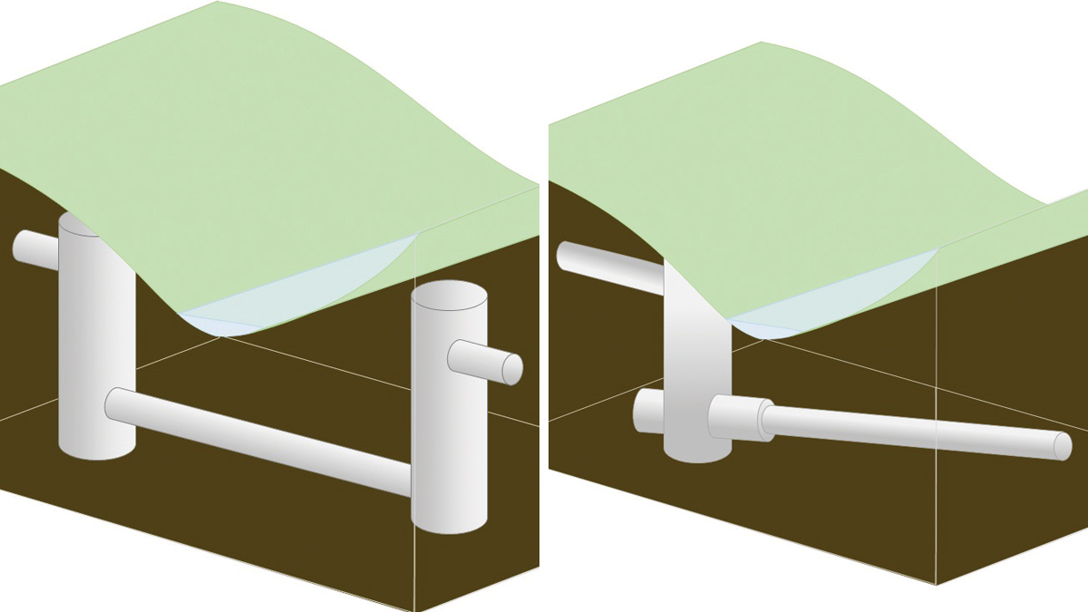 (left) The initial solution involved driving the TBM between two shafts under a stream and (right) GHD’s solution to eliminate one of the shafts - Courtesy of GHD
