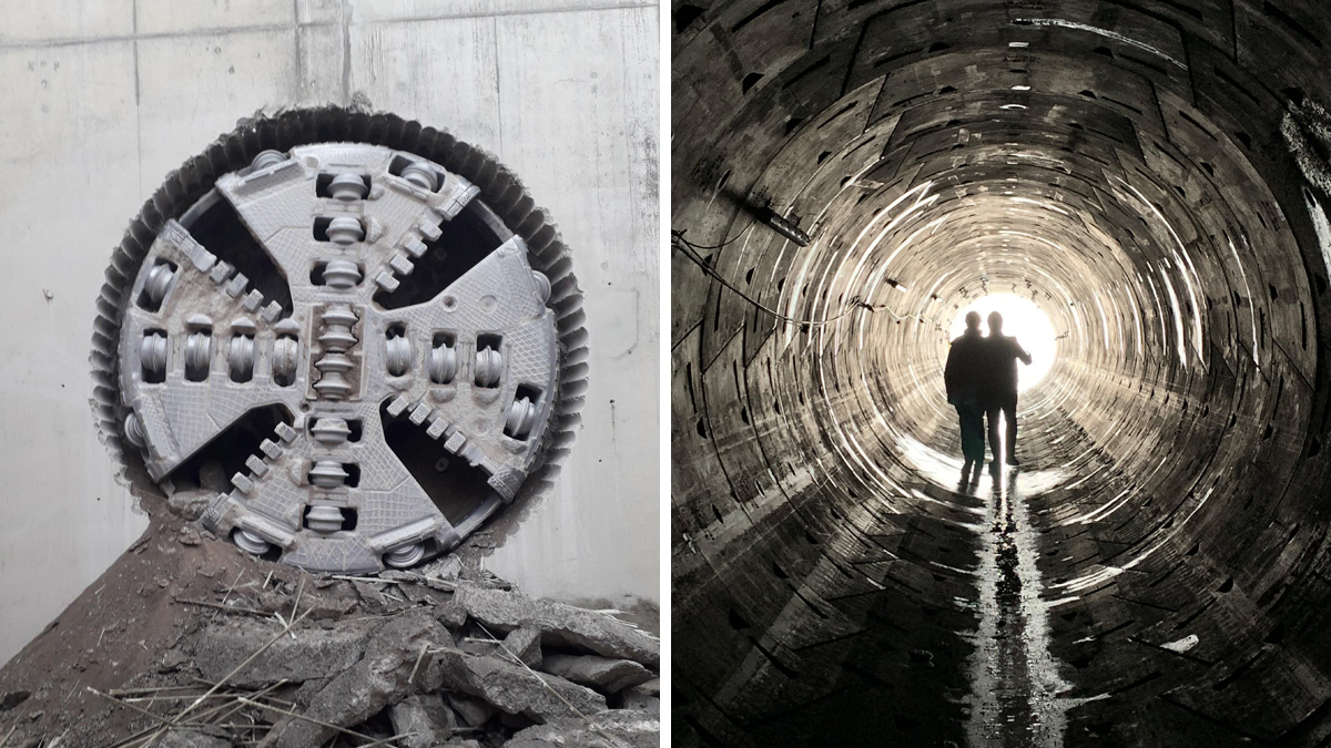 (left) 'Offa', the aptly named TBM following its successful breakthrough into the downstream wellhouse structure above Knighton, and (right), inside the new Frydd Wood tunnel - Courtesy of Severn Trent