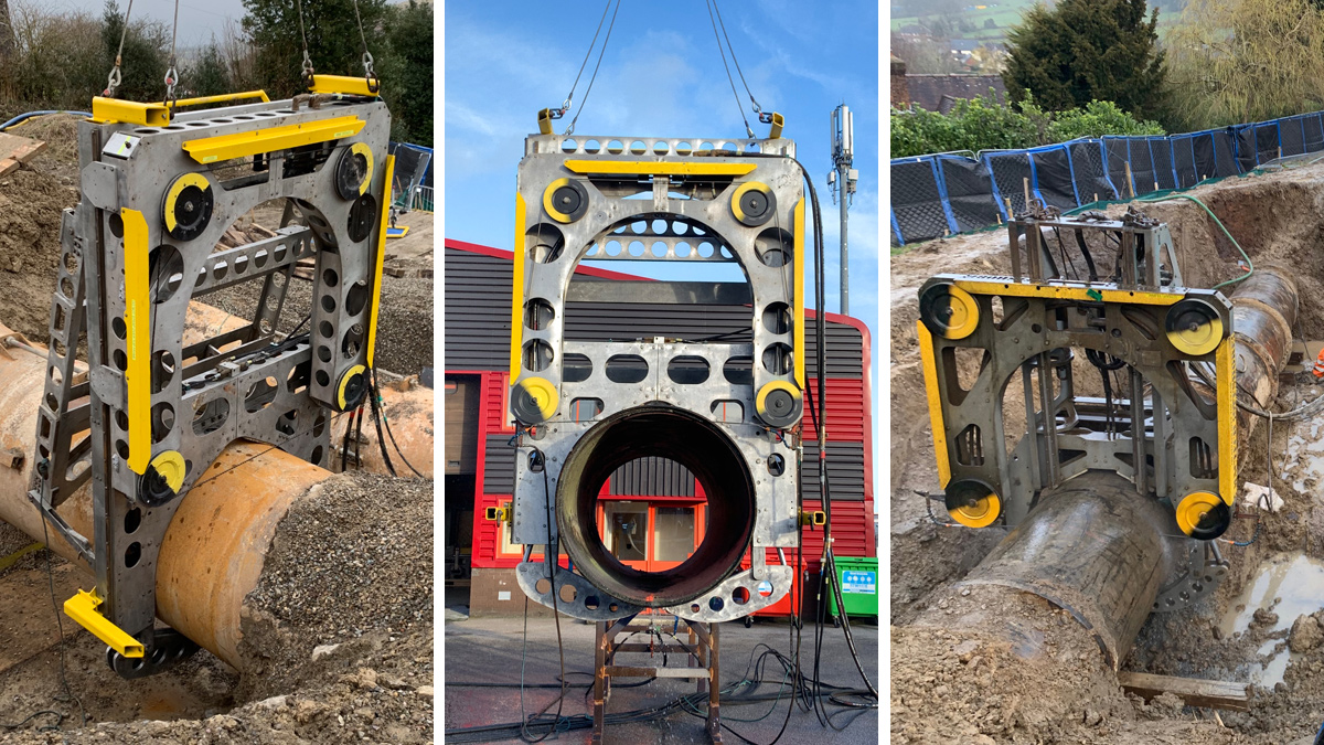 The innovative Mactech (Europe) Limited diamond wire cuts (left and right) on site, used to make the efficient pipe cuts (middle) being tested at their Aberdeen factory with a spare section of EVA 60” pipe and a smaller cutter being used on the smaller 42” diameter mains - Courtesy of Severn Trent