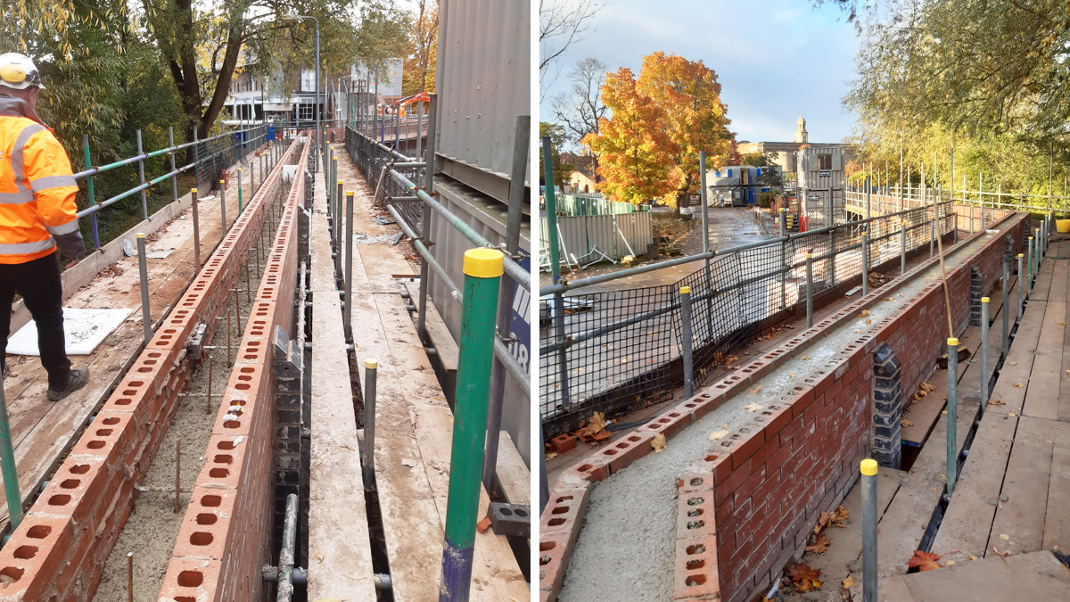 Works to the base of the floodwall included thickening the concrete stem to more than 500mm - Courtesy of JBA Bentley