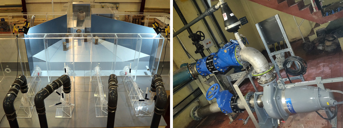 (left) Halfway SPS physical model – Courtesy of Hydrotec Consultants and (right) the new pumps at Halfway SPS - Courtesy of Morgan Sindall