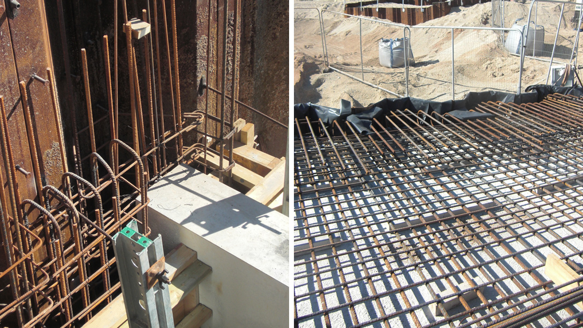 (left) Outlet energy dissipation basin; wall reinforcement and precast baffle and (right) outlet working platform - Courtesy of Arcadis