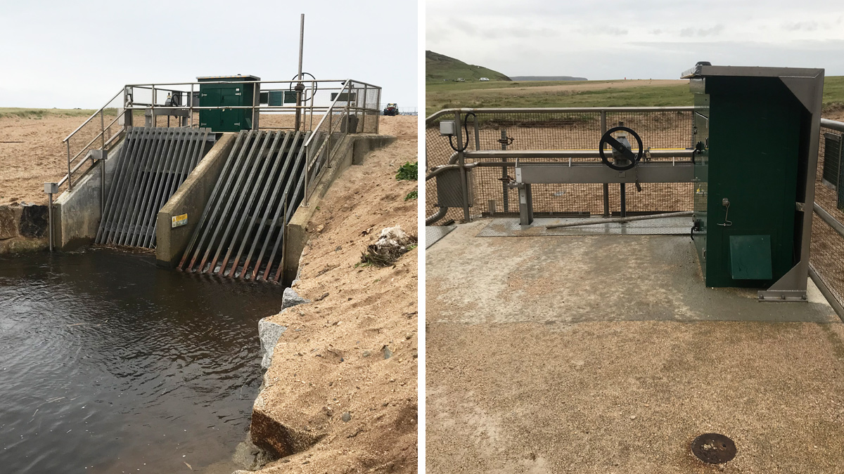 (left) Inlet trash screens and block stone retaining wall to approach channel and (right) inlet penstock operating mechanism and telemetry control cabinet - Courtesy of Arcadis